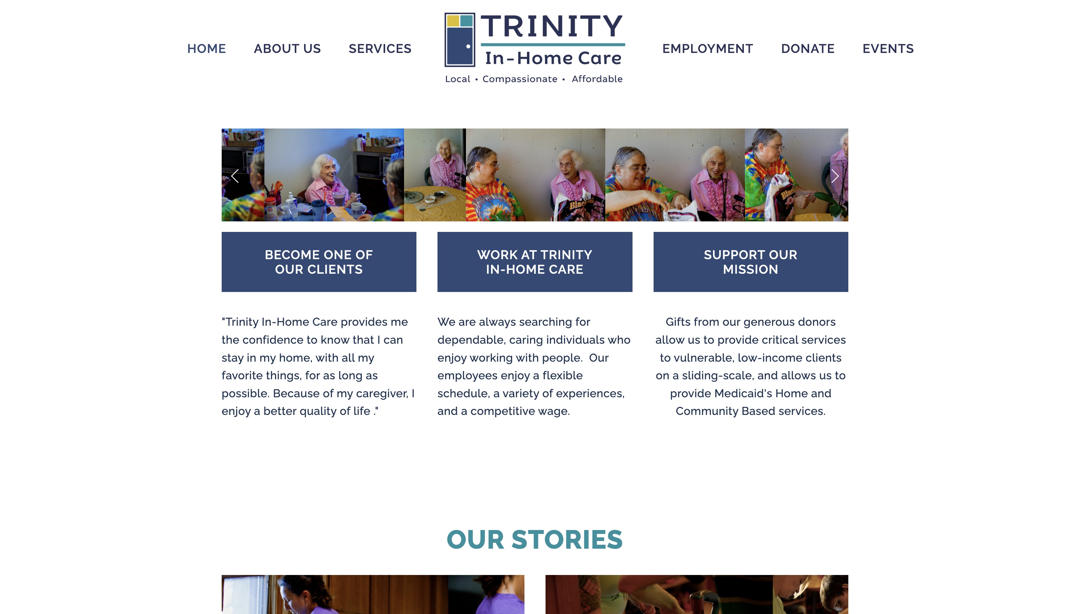 screenshot of home page of Trinity In-Home Care website